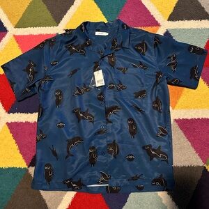 Blue Shark Print Casual Button Down Shirt